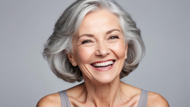 hermosa hermosa de 50 años de mediana edad hermosa anciana modelo de alto nivel mujer con cabello gris riendo