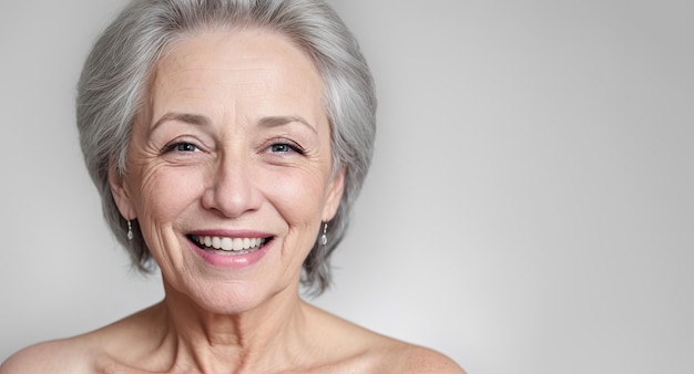 Hermosa hermosa mujer de 70 años hermosa anciana modelo senior con cabello gris sonriendo Anciana madura de cerca retrato Generativo AI