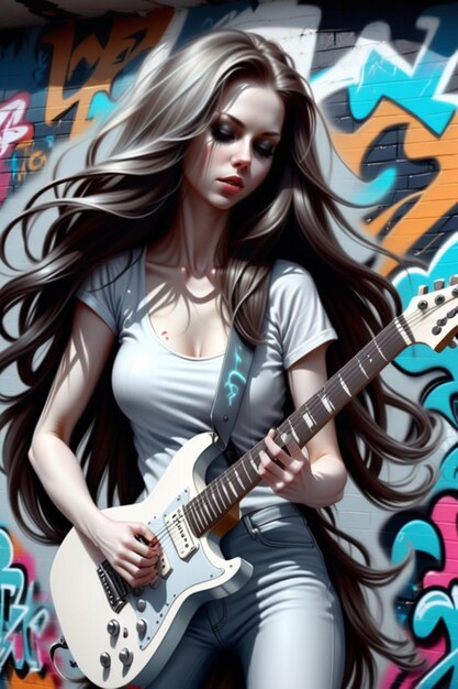 Foto hermosa y hermosa mujer guitarrista