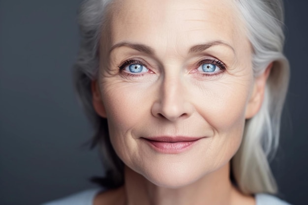 Hermosa hermosa mujer madura de mediana edad de los años 50 mirando a la cámara aislada en blanco Retrato de cerca de anciana madura Cara saludable cuidado de la piel belleza