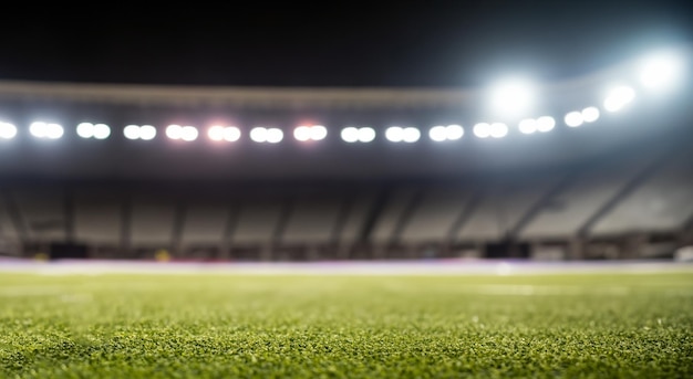 Hermosa hierba de campo de fútbol con soportes desenfocados