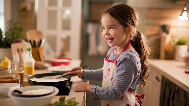 Una hermosa hija pequeña está cocinando en la cocina de casa.