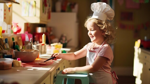 Una hermosa hija pequeña está cocinando en la cocina de casa.