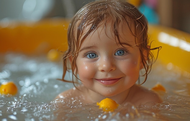 La hermosa hija recién nacida caucásica se alegra jugando con el agua por la mañana mientras se baña en la bañera para bebés.