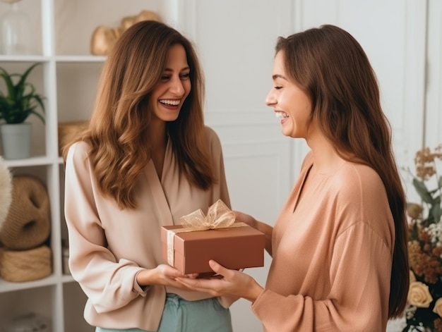 Hermosa hija sonriente dándole un regalo a su madre el día de la madre