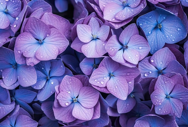 Hermosa hortensia azul y púrpura o flor de hortensia flores de cerca en un gran ramo