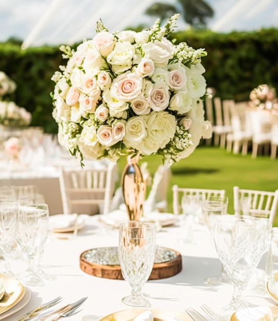 Hermosa idea de decoración de mesa de boda de lujo e inspiración con flores y diseño estilizado genérico para una celebración de boda de verano al aire libre en el jardín floral de estilo inglés Generative Ai