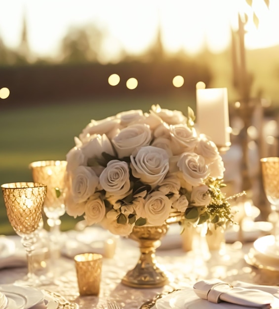 Hermosa idea de decoración de mesa de boda de lujo e inspiración con flores y diseño estilizado genérico para una celebración de boda de verano al aire libre en el jardín floral de estilo inglés Generative Ai