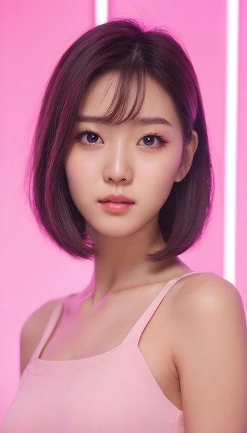 Una hermosa ídolo de kpop coreana con un colorido vestido rosa de fondo de neón