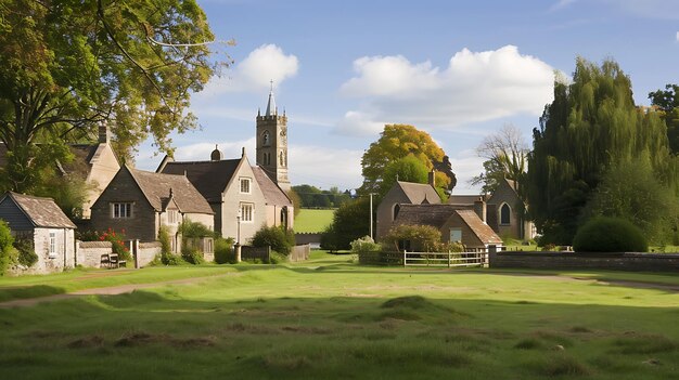 Foto una hermosa iglesia del pueblo rodeada de árboles y un campo verde la iglesia está hecha de piedra y tiene un alto campanario