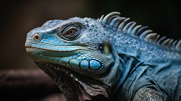 La hermosa iguana azul es un lagarto tropical exótico de primer plano con colores brillantes