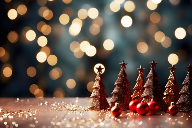 Hermosa iluminación y fondo bokeh para el pino de Navidad y bolas de estrellas rojas y cajas de regalos de