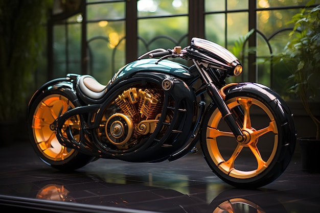 Foto una hermosa ilustración en 3d de una motocicleta futurista con superficie metálica brillante se exhibe en la sala de exposiciones. esto podría ser una inspiración para cualquiera que esté pensando en diseñar un prototipo de automóvil para construir sobre él.