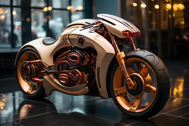 Foto una hermosa ilustración en 3d de una motocicleta futurista con superficie metálica brillante se exhibe en la sala de exposiciones. esto podría ser una inspiración para cualquiera que esté pensando en diseñar un prototipo de automóvil para construir sobre él.