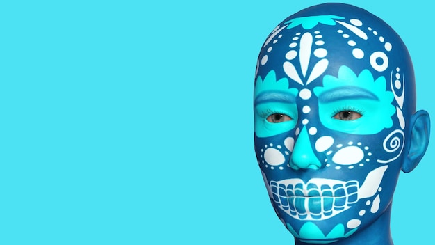 Una hermosa ilustración 3d con pintura de calavera mexicana en un modelo 3d Colores azul y blanco