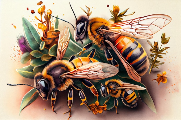 Hermosa ilustración de acuarela de abejas hecha con ai generativo