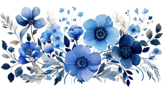 Hermosa ilustración de acuarela vectorial con anémonas azules, flores y hojas Generative AI