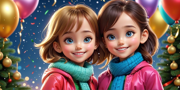 Hermosa ilustración de Año Nuevo con dos niñas sonrientes vestidas festivamente con un árbol de Navidad decorado y globos de colores IA generativa