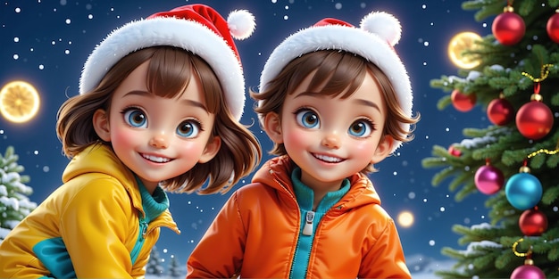 Hermosa ilustración de Año Nuevo con dos niños sonrientes vestidos festivamente con un árbol de Navidad decorado y nieve IA generativa