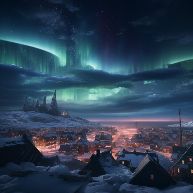 Hermosa ilustración de la aurora boreal sobre la ciudad por la noche