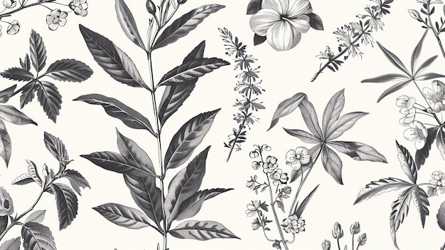 Una hermosa ilustración botánica en blanco y negro con una variedad de plantas y flores