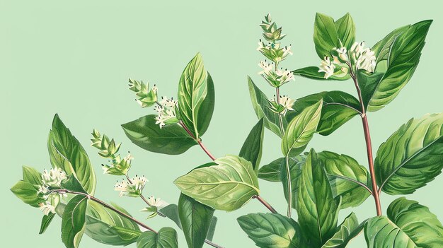 Una hermosa ilustración botánica de una planta verde con flores blancas