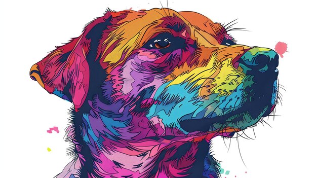 Una hermosa ilustración de una cabeza de perro en una vibrante variedad de colores El perro está mirando hacia el lado con una expresión curiosa en su cara