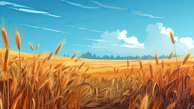 Hermosa ilustración de un campo de trigo maduro contra el cielo azul que representa el verano IA generativa