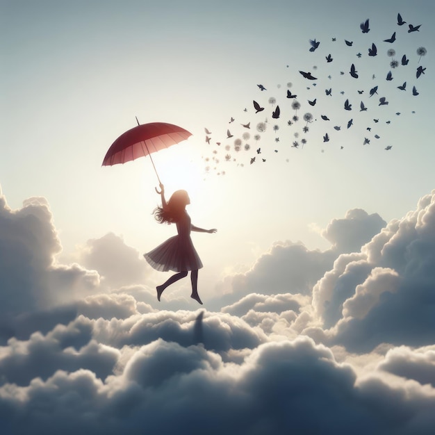 Hermosa ilustración de una chica con un paraguas volando sobre las nubes