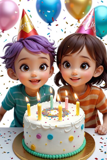 Hermosa ilustración de cumpleaños con dos niños sonrientes y un pastel de cumpleaños con velas IA generativa