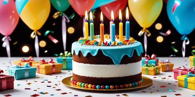Hermosa ilustración de cumpleaños con un pastel de cumpleaños con velas y cajas de regalo de colores IA generativa