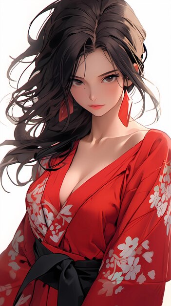 Hermosa ilustración de dibujos animados dibujados a mano de una chica guerrera de anime japonés en kimono