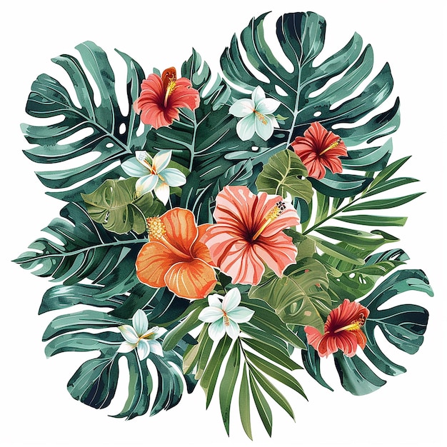 una hermosa ilustración de Disney de una exuberante planta de Monstera y flores de hibisco en el su centro