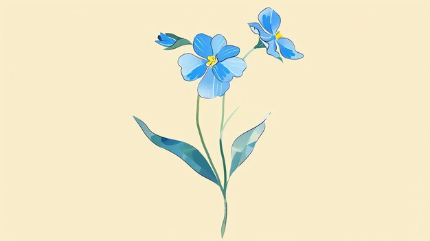 Una hermosa ilustración de una flor azul La flor tiene cinco pétalos y un centro amarillo El tallo es verde y tiene dos hojas