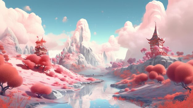 hermosa ilustración de fondo de paisaje de fantasía con vista al lago, la montaña, el cielo y los árboles