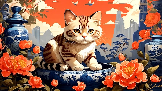 hermosa ilustración de un gato chino impreso generado por ai