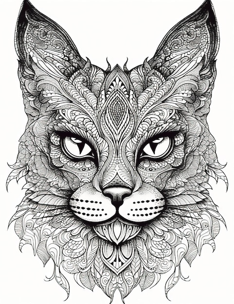 Hermosa ilustración de gato para colorear líneas de tinta intrincadas en blanco y negro Ai generativo