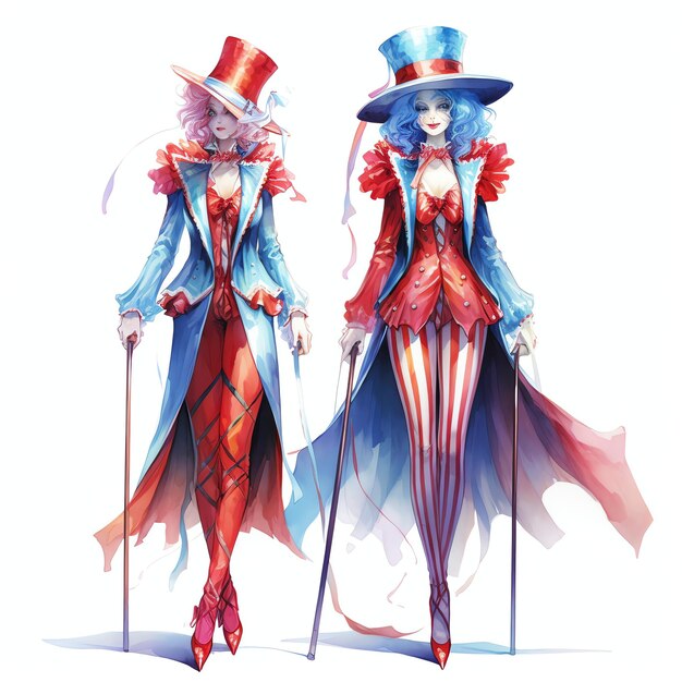 hermosa ilustración de imágenes prediseñadas de Carnaval de acuarela de Circus Stilt Walkers