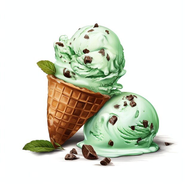 Foto hermosa ilustración de imágenes prediseñadas de helado de chispas de chocolate y menta