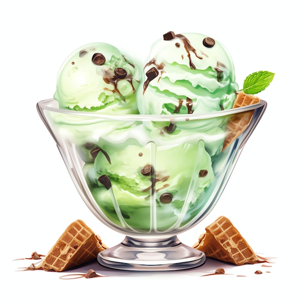 Foto hermosa ilustración de imágenes prediseñadas de helado de chispas de chocolate y menta