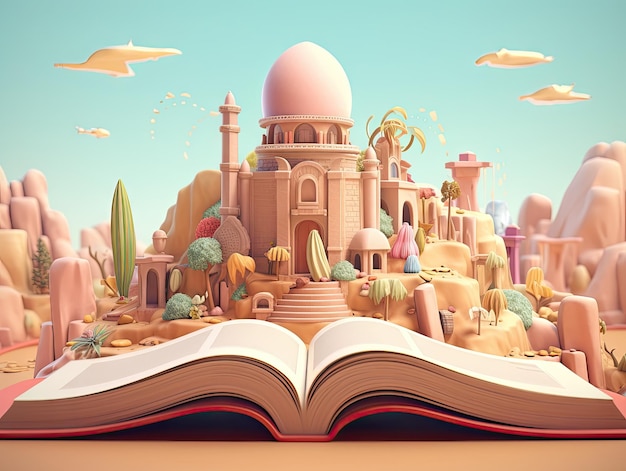 Hermosa ilustración del libro bíblico 3D estilo colorido diseño lúdico colores pastel