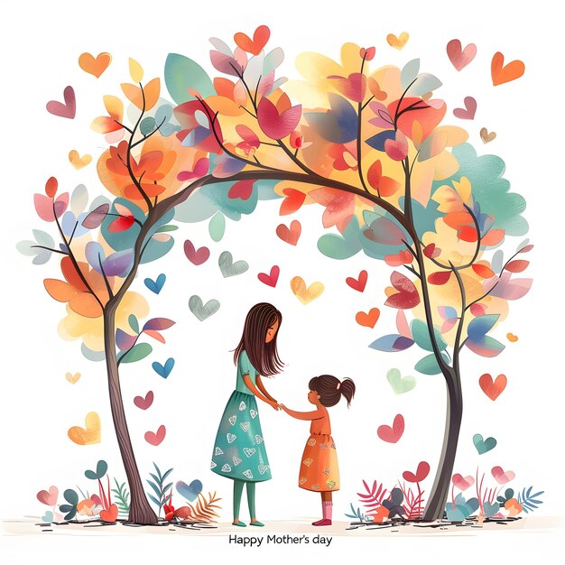 Foto una hermosa ilustración de madre e hija de pie bajo un árbol arqueado