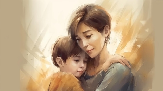 Una hermosa ilustración de una madre y sus hijos