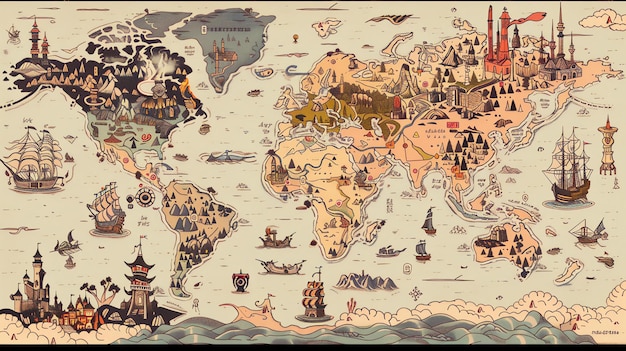 Una hermosa ilustración del mapa del mundo con un estilo vintage y caprichoso El mapa presenta países y ciudades coloridos con puntos de referencia y animales