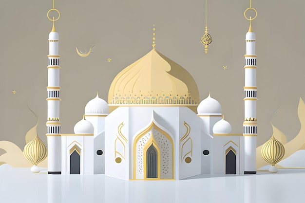 Hermosa ilustración de mezquita en tonos dorados y blancos