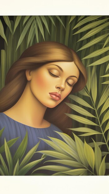 Una hermosa ilustración de una mujer con cabello largo y marrón y ojos azules rodeada de hojas verdes
