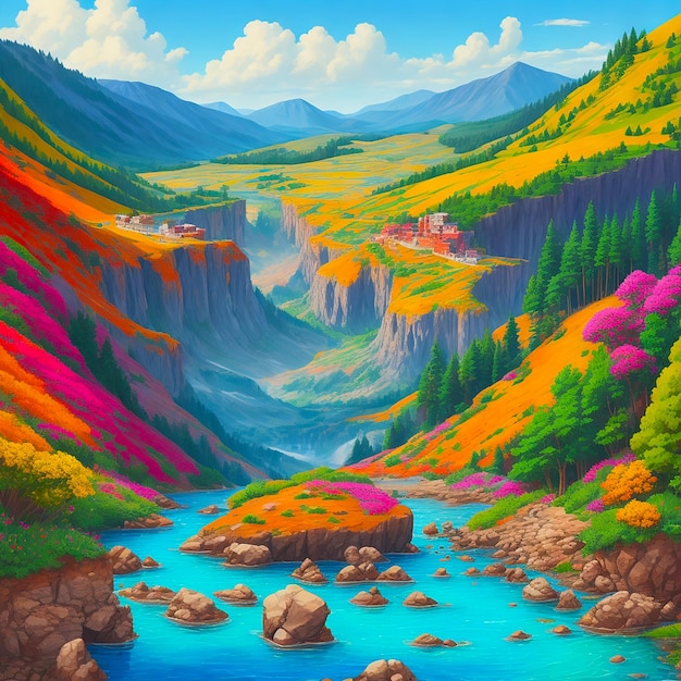 Hermosa ilustración de paisaje colorido generada por IA