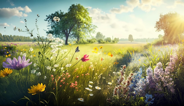 Hermosa ilustración de paisaje de pradera de flores silvestres