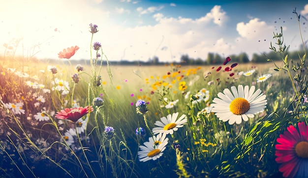 Hermosa ilustración de paisaje de pradera de flores silvestres