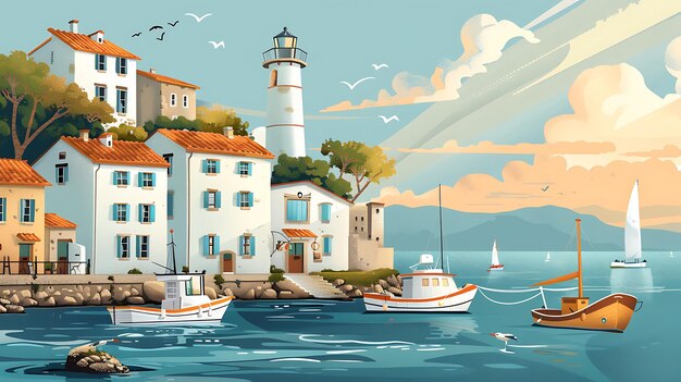 Una hermosa ilustración de un pequeño pueblo de pescadores con un faro